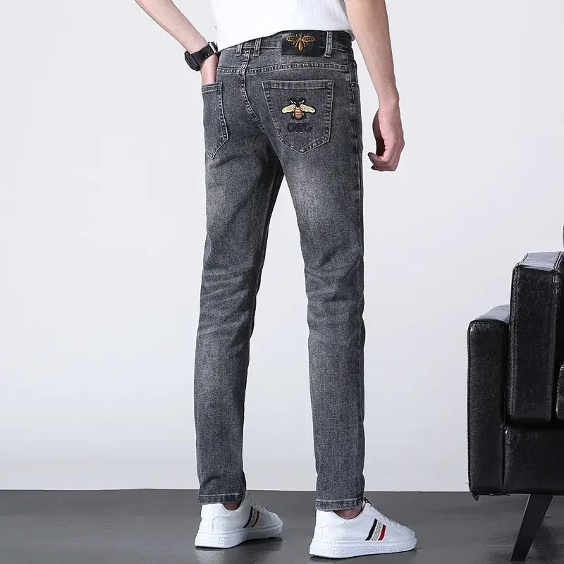 European Style Embroidered Men's Jeans Slim Fit Smooths Your Silhouette Elastic Waist Youth Pants Casual Scene