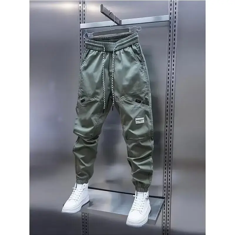 2024 Men's Autumn New Casual Pants Solid Color Elastic Waist Ankle Length Versatile Korean Style Fashionable Small Foot Cargo Pa
