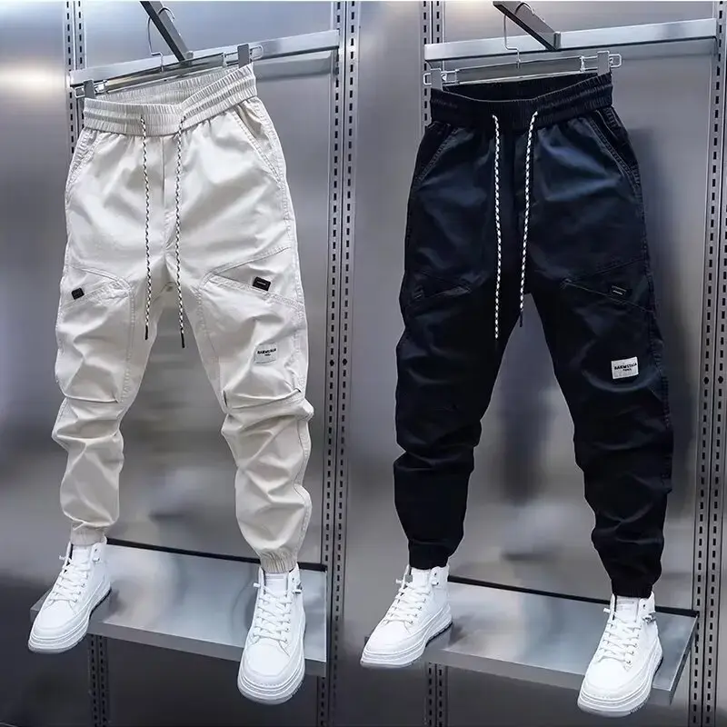 2024 Men's Autumn New Casual Pants Solid Color Elastic Waist Ankle Length Versatile Korean Style Fashionable Small Foot Cargo Pa