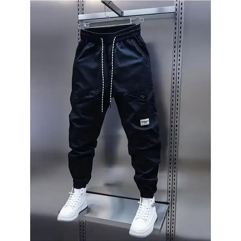 2024 Men's Autumn New Casual Pants Solid Color Elastic Waist Ankle Length Versatile Korean Style Fashionable Small Foot Cargo Pa