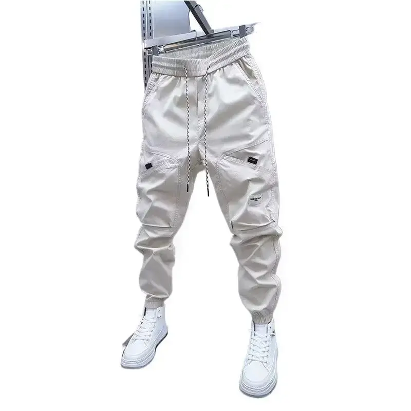 2024 Men's Autumn New Casual Pants Solid Color Elastic Waist Ankle Length Versatile Korean Style Fashionable Small Foot Cargo Pa