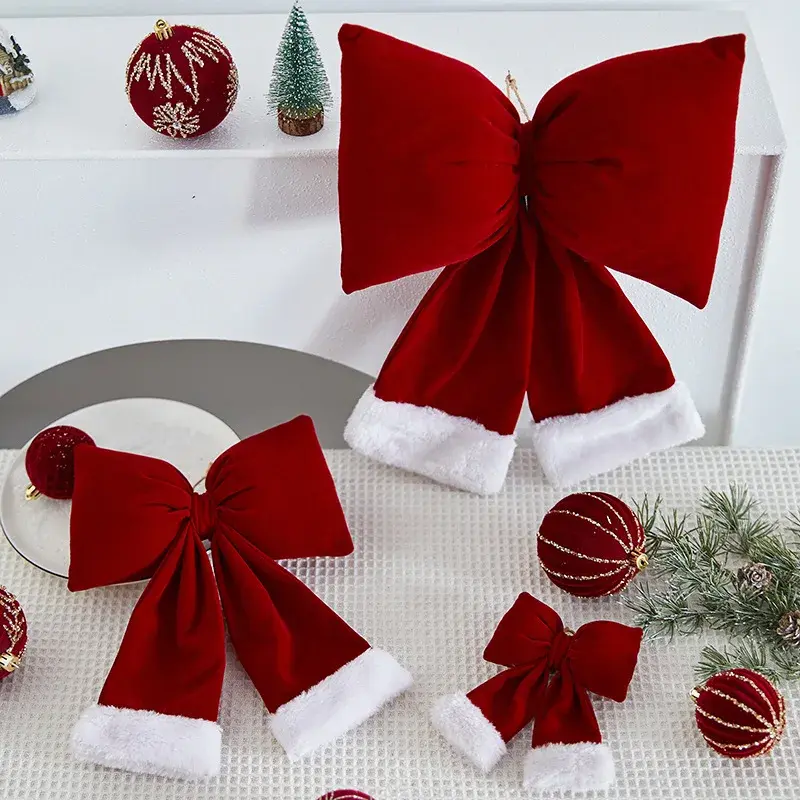 Christmas Tree Decorations Bow Large Hanging Photo Atmosphere Props Flocking Bow Home Use Small Ornaments Mini Models