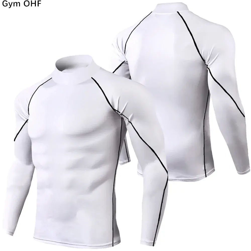 Men's High Neck Long Sleeve Solid Color Sports Tight Fit Clothing Breathable Outdoor Training Top Warm Summer Sportswear