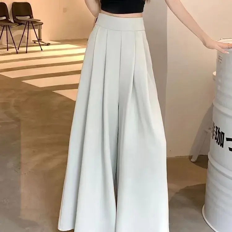 Spring Summer Women's Wide Leg Pants Skirt Ultra Large Splay Thin Pleated Suit Pants High Waist Draping Slim Casual Style Trendy