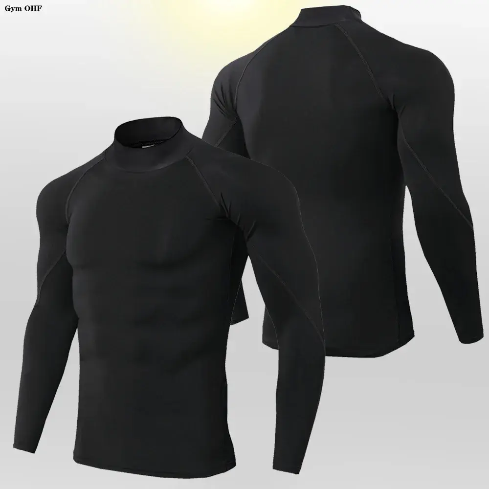 Men's High Neck Long Sleeve Solid Color Sports Tight Fit Clothing Breathable Outdoor Training Top Warm Summer Sportswear