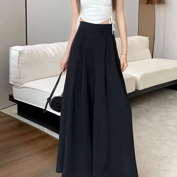 Spring Summer Women's Wide Leg Pants Skirt Ultra Large Splay Thin Pleated Suit Pants High Waist Draping Slim Casual Style Trendy