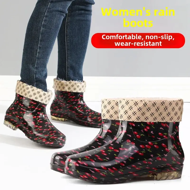 Winter Short Women's Rain Boots Crystal Flower Pattern Kitchen Cleaning Mom Countryside Rain Shoes Anti-Slip Bottom Water Shoes
