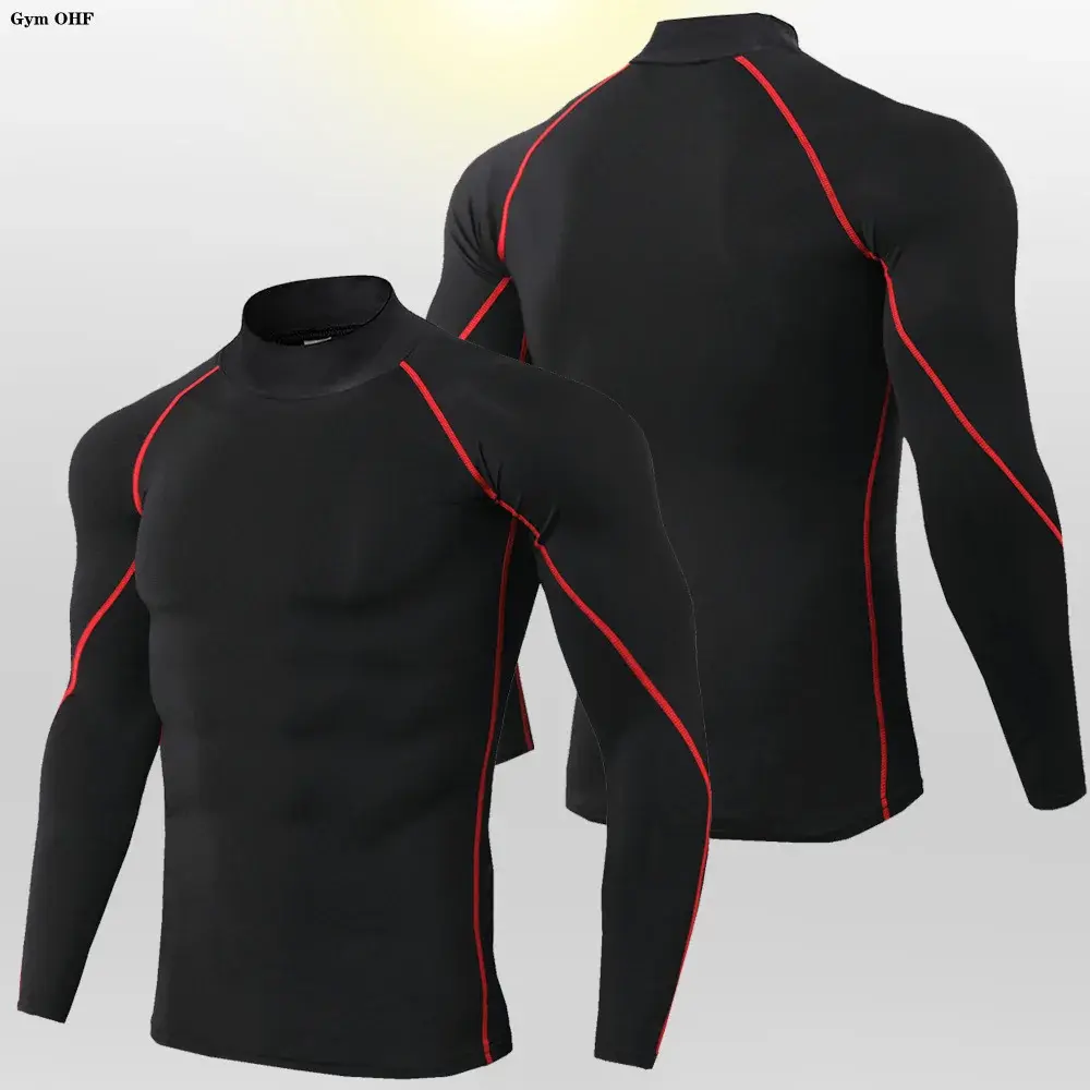 Men's High Neck Long Sleeve Solid Color Sports Tight Fit Clothing Breathable Outdoor Training Top Warm Summer Sportswear