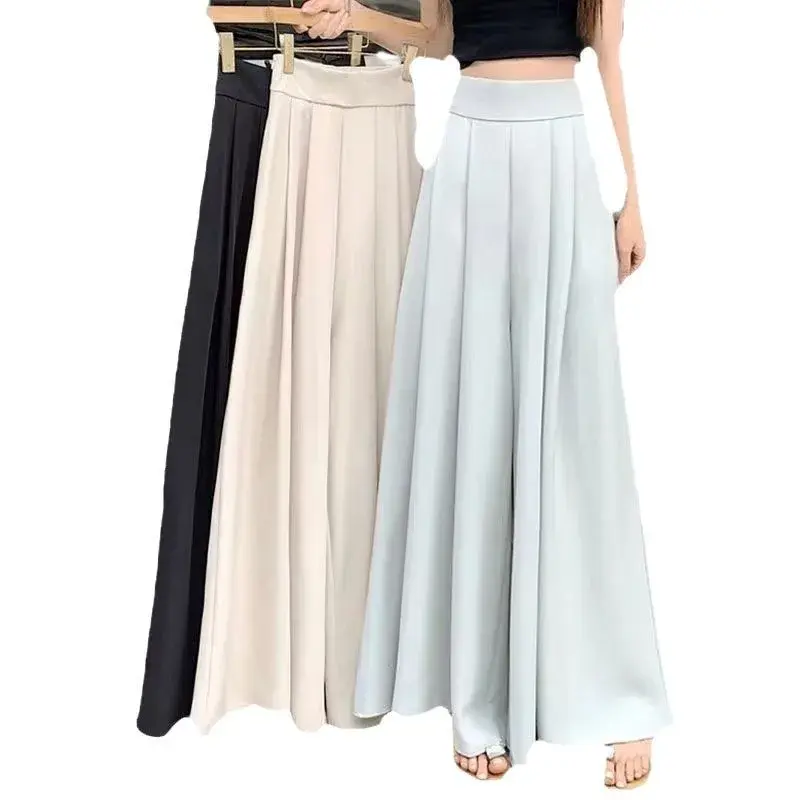 Spring Summer Women's Wide Leg Pants Skirt Ultra Large Splay Thin Pleated Suit Pants High Waist Draping Slim Casual Style Trendy