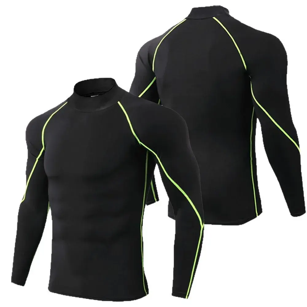 Men's High Neck Long Sleeve Solid Color Sports Tight Fit Clothing Breathable Outdoor Training Top Warm Summer Sportswear