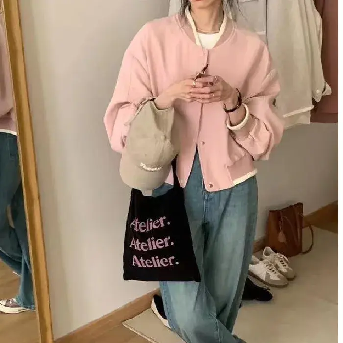 Slim Fit Anti-Pilling Fabric Korean Style Loose Baseball Jacket Women's College Style Trendy Outerwear Elegant And Handsome