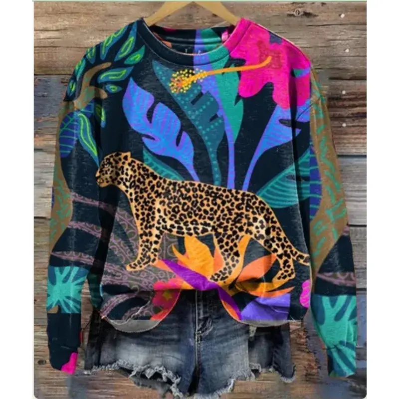 Autumn Winter New Style Independent Station round Neck Sweatshirt Animal Leopard Print Long Sleeve Casual Sweatshirt