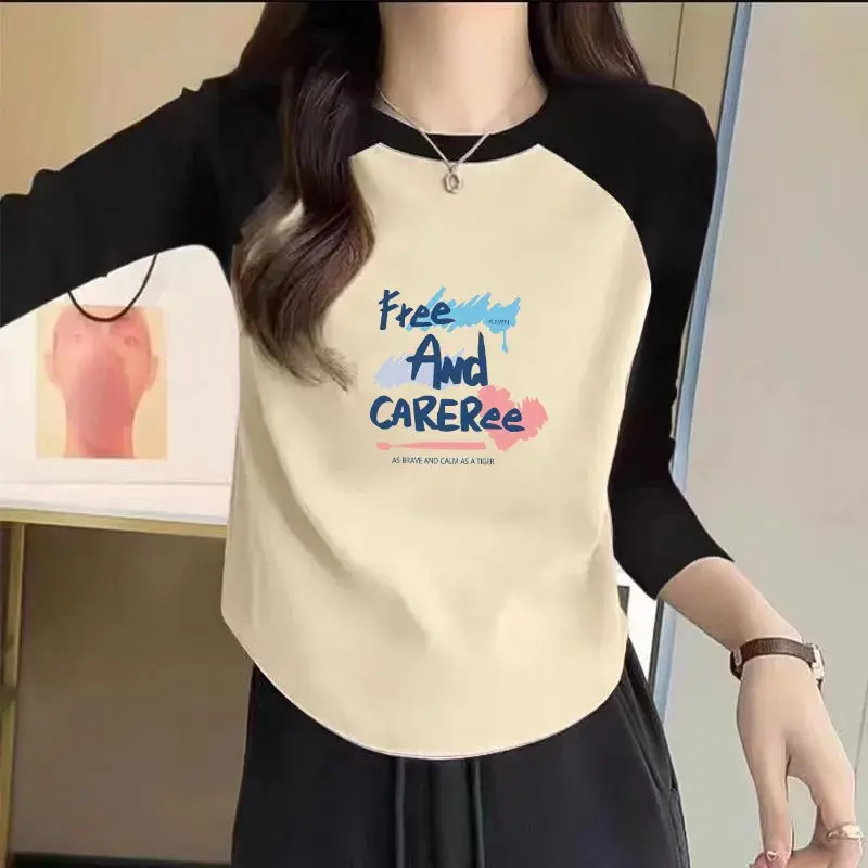 Plus Size Loose Long Sleeve T-Shirt round Neck Weight Loss Illusion Women's Fashion Top Polyester Fiber plus Size Women's Clothe