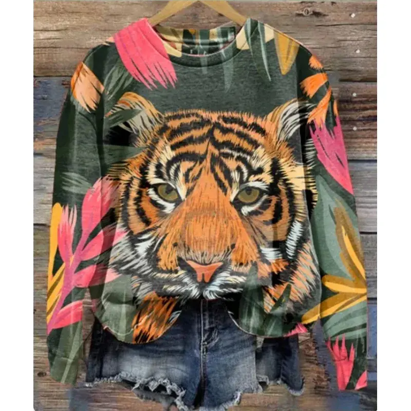 Autumn Winter New Style Independent Station round Neck Sweatshirt Animal Leopard Print Long Sleeve Casual Sweatshirt