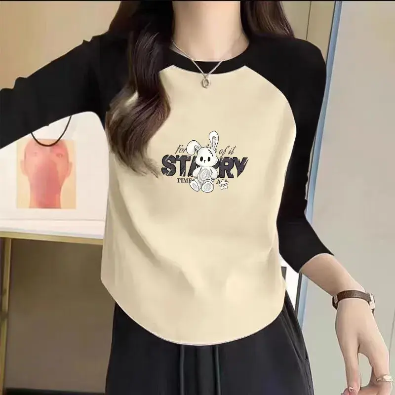 Plus Size Loose Long Sleeve T-Shirt round Neck Weight Loss Illusion Women's Fashion Top Polyester Fiber plus Size Women's Clothe