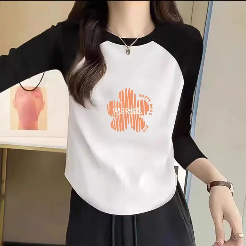Plus Size Loose Long Sleeve T-Shirt round Neck Weight Loss Illusion Women's Fashion Top Polyester Fiber plus Size Women's Clothe