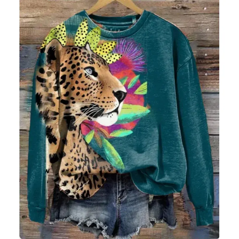 Autumn Winter New Style Independent Station round Neck Sweatshirt Animal Leopard Print Long Sleeve Casual Sweatshirt