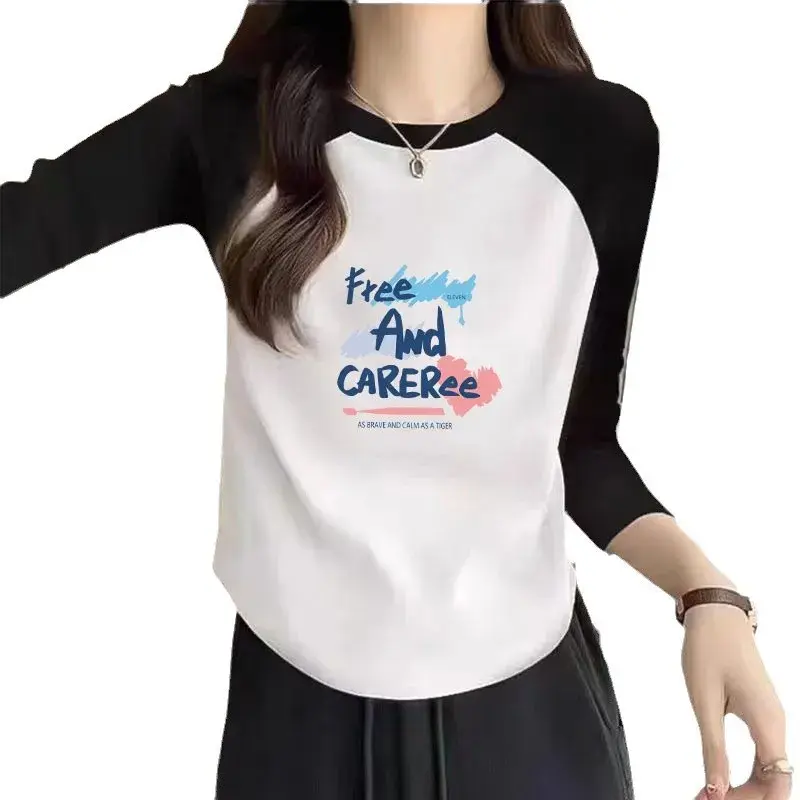 Plus Size Loose Long Sleeve T-Shirt round Neck Weight Loss Illusion Women's Fashion Top Polyester Fiber plus Size Women's Clothe