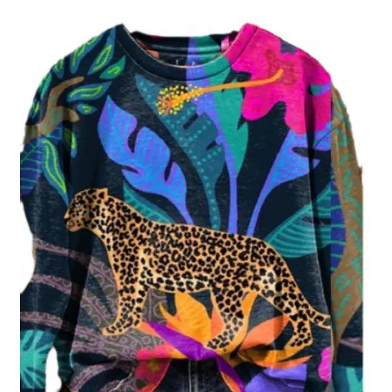 Autumn Winter New Style Independent Station round Neck Sweatshirt Animal Leopard Print Long Sleeve Casual Sweatshirt