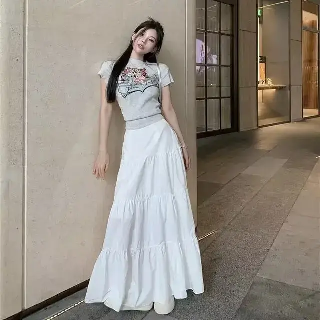 White Long Skirt For Women 2024 Spring Summer New A- Line Cake Long Dress Artistic Sensibility Half Dress Egg Cake Skirt