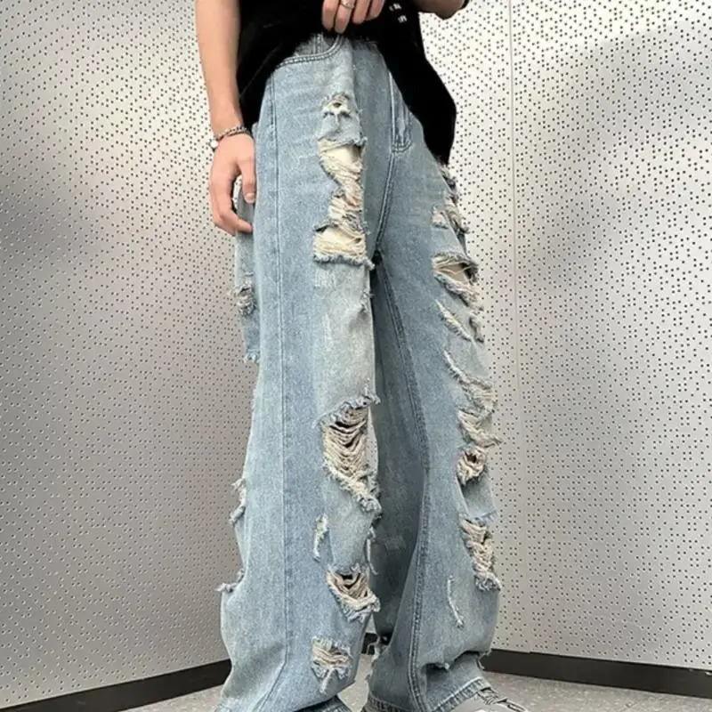 Vintage Distressed Straight-leg Jeans American Style Slimming Bell Bottoms Loose Fit High-waisted Summer Thin Version For Men