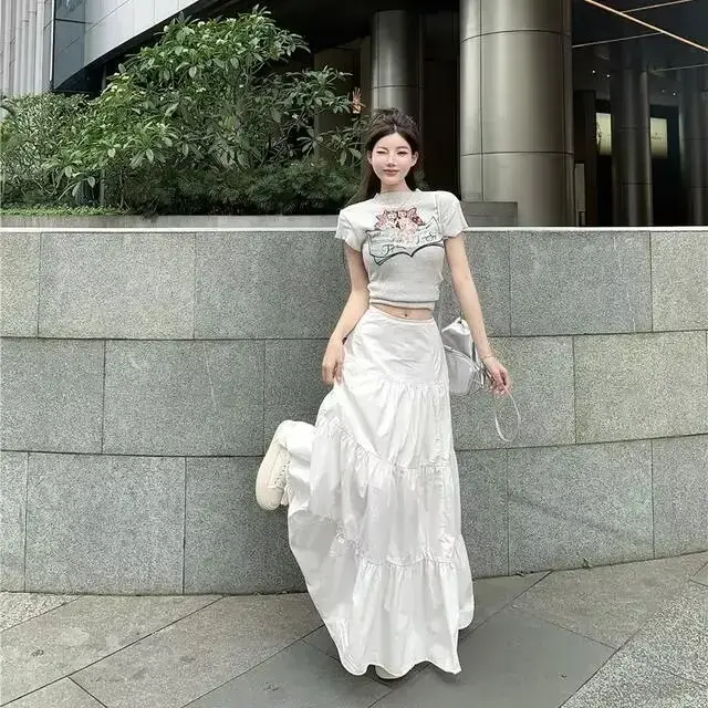 White Long Skirt For Women 2024 Spring Summer New A- Line Cake Long Dress Artistic Sensibility Half Dress Egg Cake Skirt
