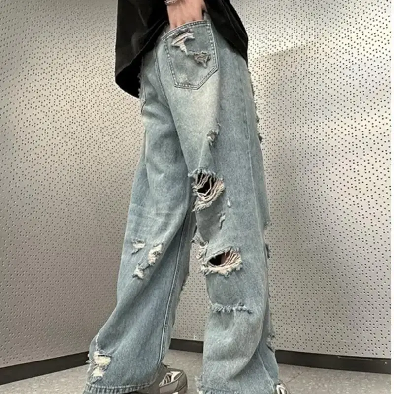 Vintage Distressed Straight-leg Jeans American Style Slimming Bell Bottoms Loose Fit High-waisted Summer Thin Version For Men