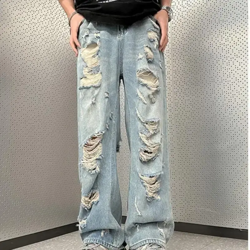 Vintage Distressed Straight-leg Jeans American Style Slimming Bell Bottoms Loose Fit High-waisted Summer Thin Version For Men