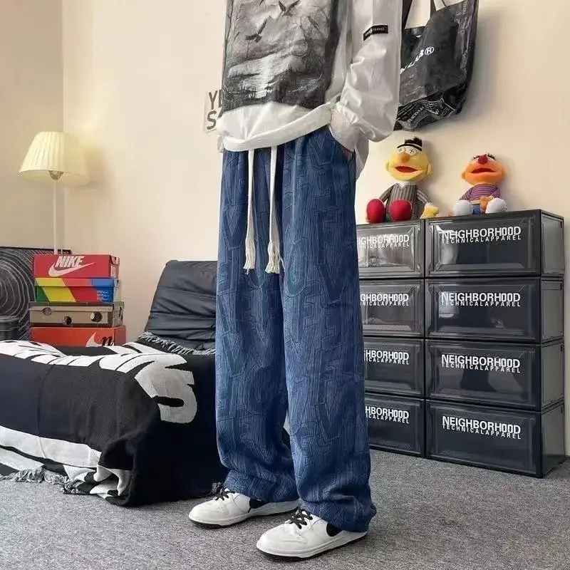Fleece-Lined Straight-Leg Men's Pants Loose-Fit Casual Trousers Autumn Winter 2024 New Style Wide-Leg Sweatpants Windproof Pants