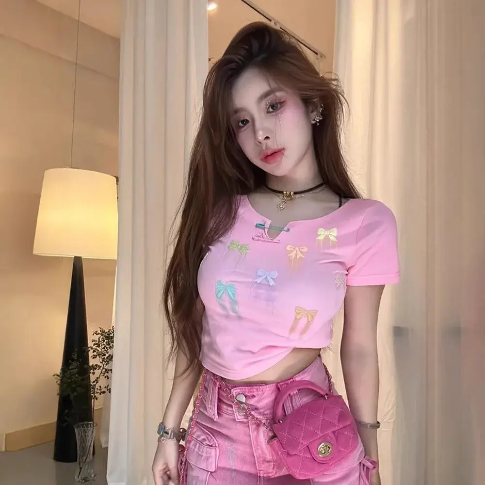 American Style Dopaamine Butterfly Knot Foaming Print Shoulder Length Short Sleeve T-Shirt Women Summer Sweet And Spicy Slim Fit