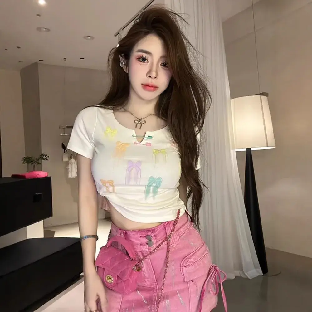 American Style Dopaamine Butterfly Knot Foaming Print Shoulder Length Short Sleeve T-Shirt Women Summer Sweet And Spicy Slim Fit