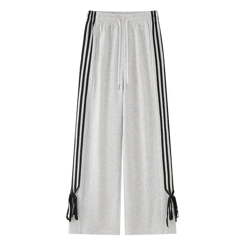 High Waist Wide Leg Pants Women's Spring Summer New Style Three Bars Drawstring Cuffed Straight Casual Extended Sports Trousers