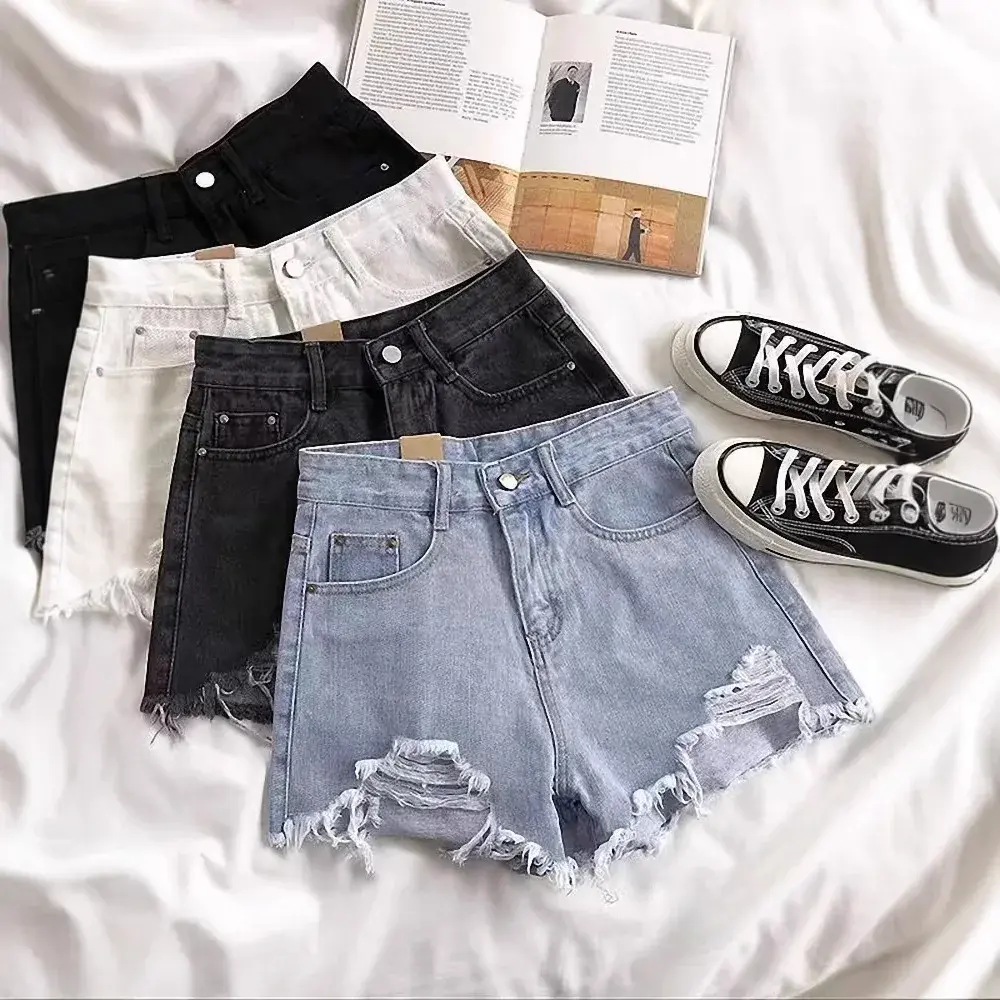 Trendy Loose Women's Denim Shorts High Waist Wide Leg Hole Summer Students New Fashion A- Line Hot Pants Cotton Shorts