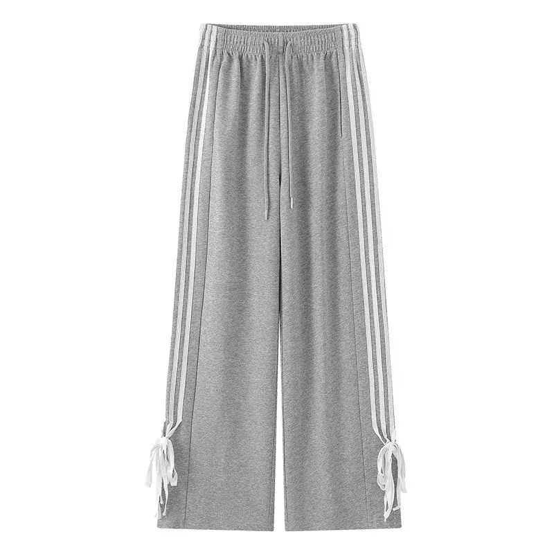 High Waist Wide Leg Pants Women's Spring Summer New Style Three Bars Drawstring Cuffed Straight Casual Extended Sports Trousers