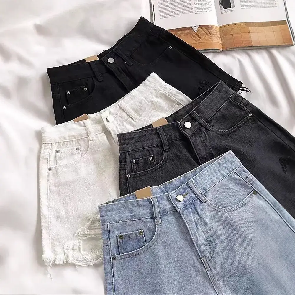 Trendy Loose Women's Denim Shorts High Waist Wide Leg Hole Summer Students New Fashion A- Line Hot Pants Cotton Shorts