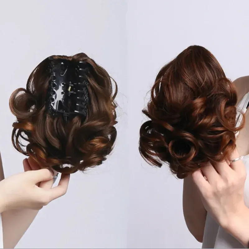 Short Hair Ponytail Wig with Clip Pear Flower Curl Short Hair Extensions Butterfly Clip Asian Fiber Tail Hair Extensions