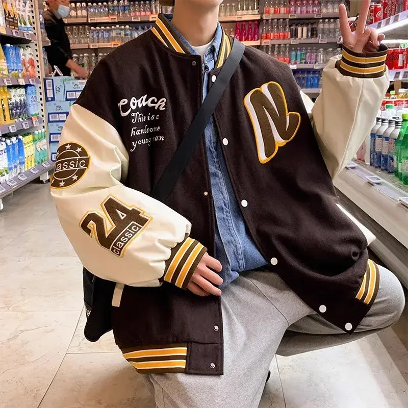 Vintage Trendy American Style Loose-Fit Hip Hop Couple Jacket Unisex Autumn New Style Patchwork Baseball Cap Splice Jacket