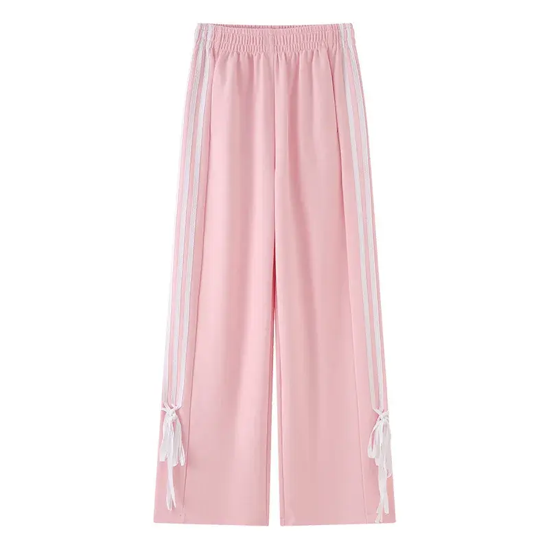High Waist Wide Leg Pants Women's Spring Summer New Style Three Bars Drawstring Cuffed Straight Casual Extended Sports Trousers