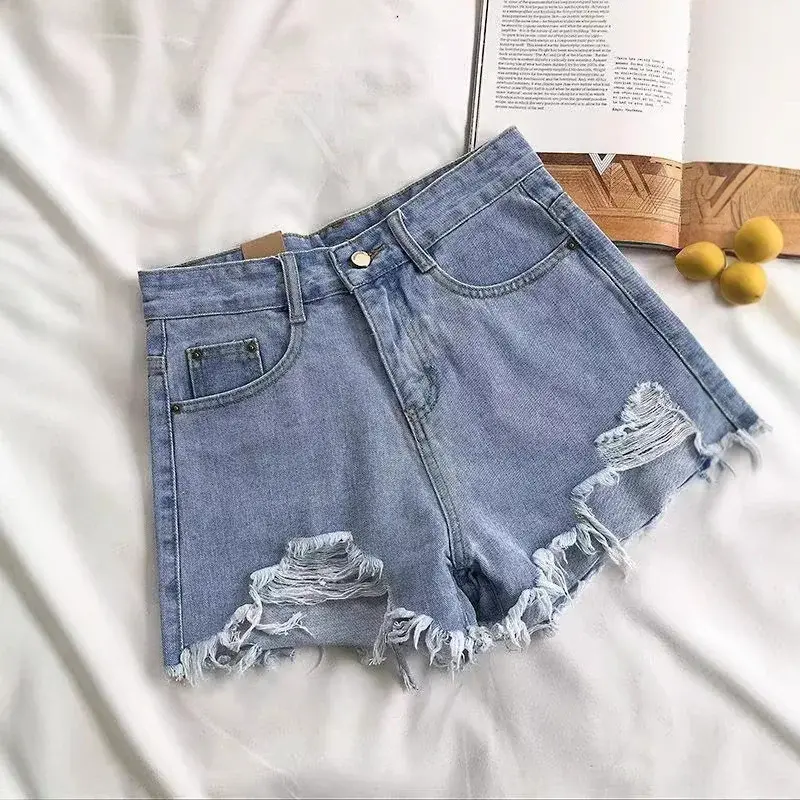 Trendy Loose Women's Denim Shorts High Waist Wide Leg Hole Summer Students New Fashion A- Line Hot Pants Cotton Shorts