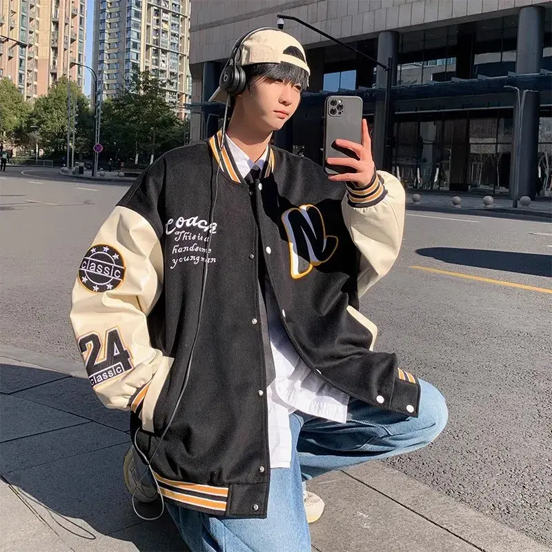 Vintage Trendy American Style Loose-Fit Hip Hop Couple Jacket Unisex Autumn New Style Patchwork Baseball Cap Splice Jacket