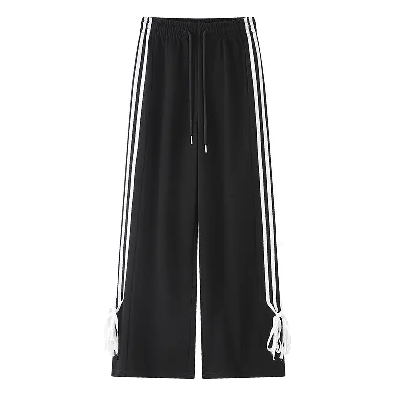 High Waist Wide Leg Pants Women's Spring Summer New Style Three Bars Drawstring Cuffed Straight Casual Extended Sports Trousers