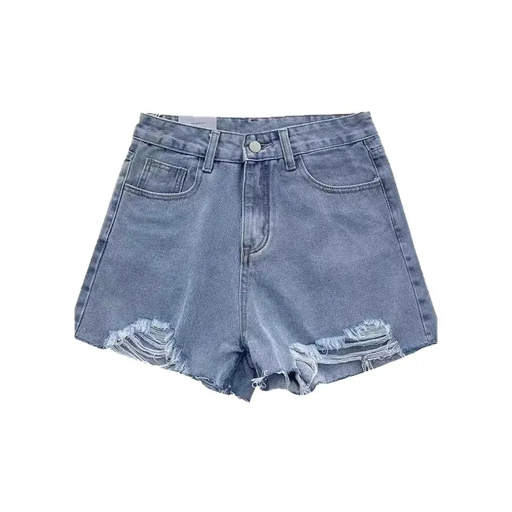 Trendy Loose Women's Denim Shorts High Waist Wide Leg Hole Summer Students New Fashion A- Line Hot Pants Cotton Shorts