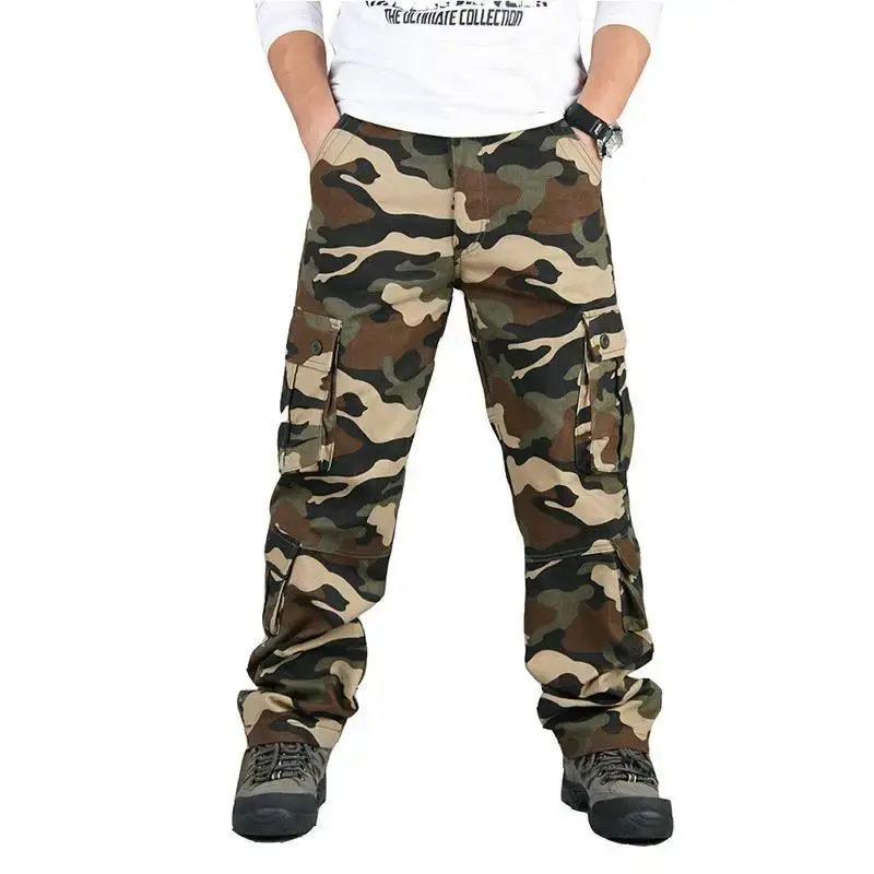 Cross-Border Pure Cotton Casual Pants For Men Loose-Fit Thick Cargo Pants Straight-Leg Pants Camouflage Trousers