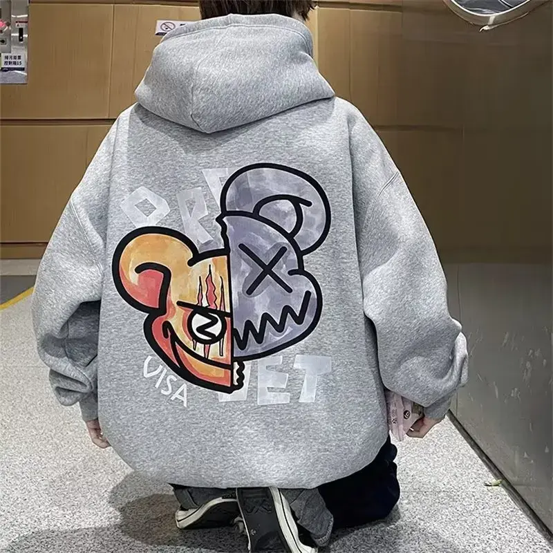 Vintage American Style Men's Hooded Sweatshirt Loose Fit Fleece Lined Thickened Warm Jacket For Autumn Winter Casual Scene