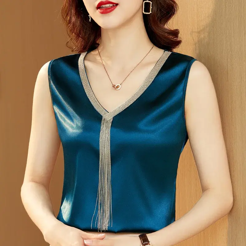 Women's Ice Silk Strap Vest Summer Tassel Design Sensation Outerwear Large Size Inner Match Suit Base Shirt Satin Fabric