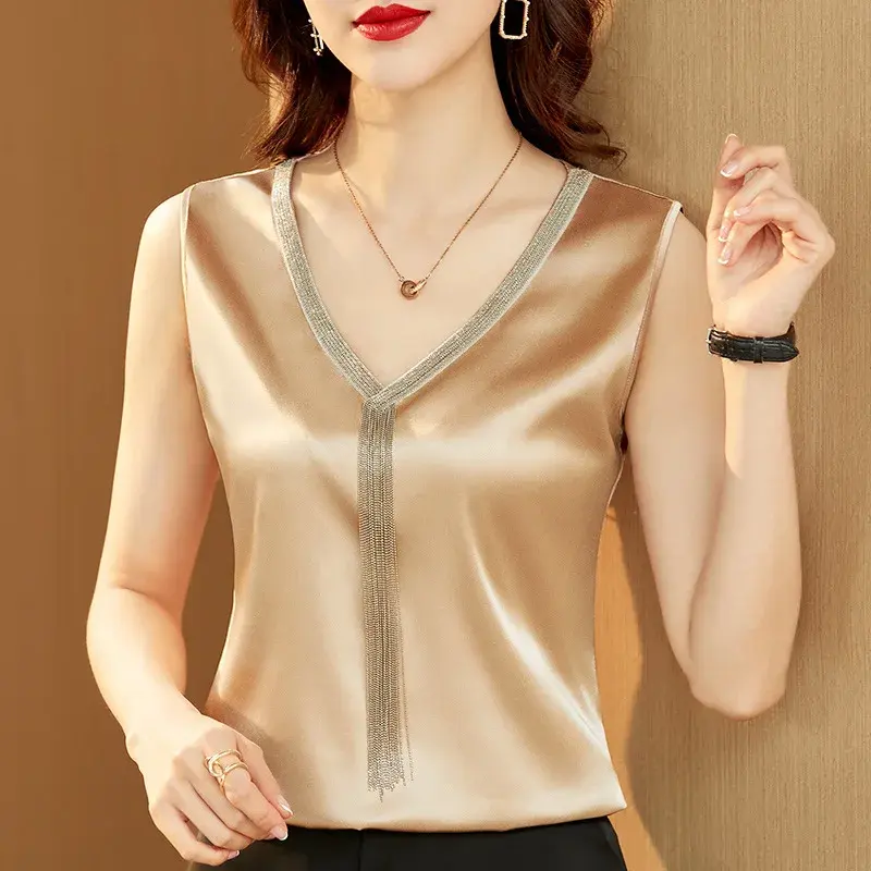 Women's Ice Silk Strap Vest Summer Tassel Design Sensation Outerwear Large Size Inner Match Suit Base Shirt Satin Fabric
