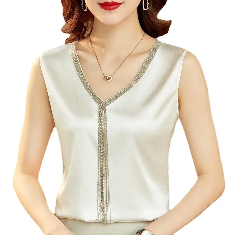 Women's Ice Silk Strap Vest Summer Tassel Design Sensation Outerwear Large Size Inner Match Suit Base Shirt Satin Fabric