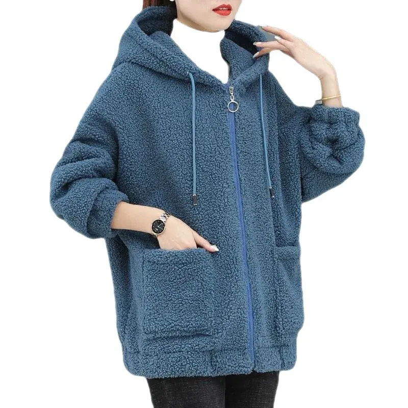 Plus Size Women's Faux Lamb Velvet Jacket Loose Fit Hoodie Style Winter Thickened Coat Korean Version Autumn Winter Outerwear