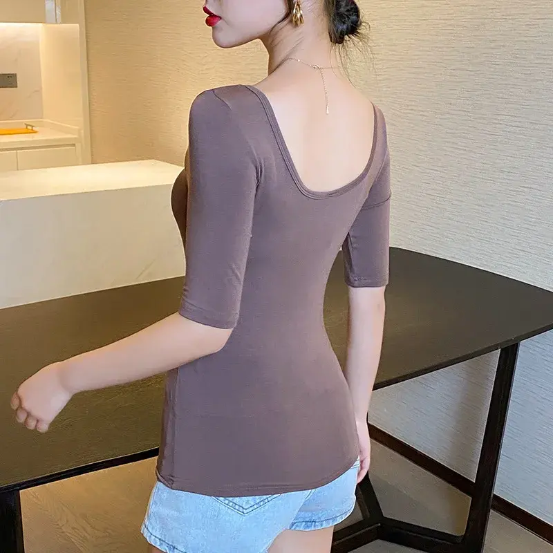 Slim Fit Modal T-Shirt JS Moda New Style Mid Sleeve Double U Neck Tight Body Top Trendy Women's Fashion V-neck T-shirt