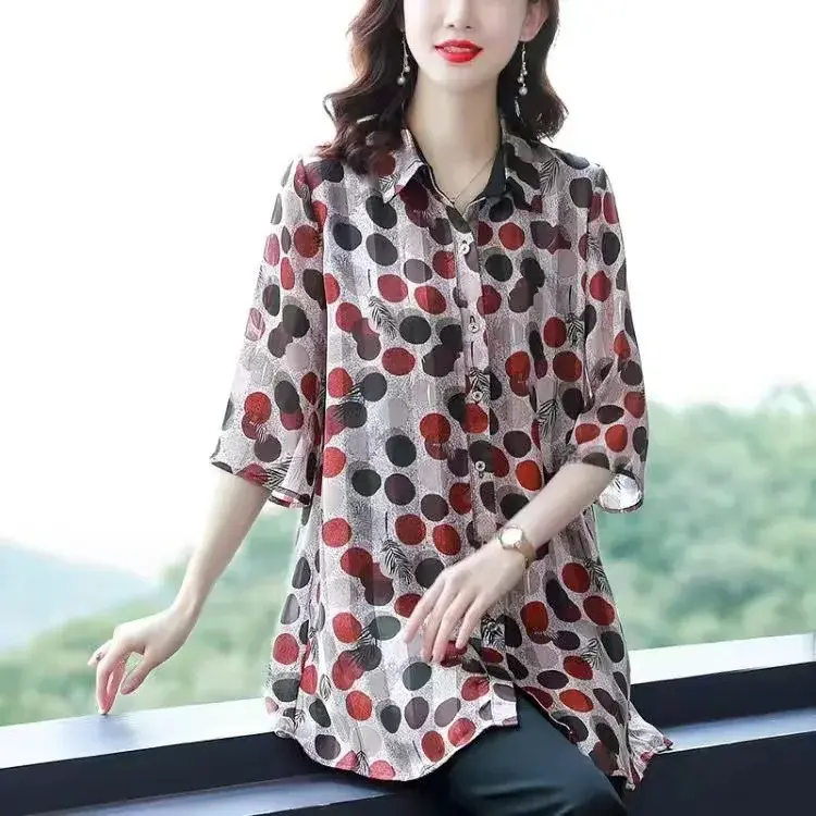 Spring Summer New Style Women's Chiffon Shirt Midi Length Sleeveless Top Fashionable Large Size Mommy Clothes Shirt